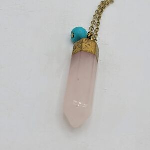 Rose Quartz Point Pendant Necklace Faux Turquoise Bead Brass Tone Chain 17.5"